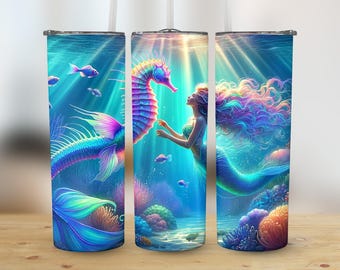 Mermaid Sublimation Tumbler Design, Sea Creature Digital Art, 20 oz Straight Tumbler PNG, Tapered Tumbler Download