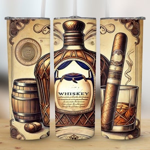 Whiskey Tumbler SVG Digital Print, Vintage Whiskey Bottle PNG, Cigar and Whiskey Clipart, 20OZ Tumbler Wrap Design