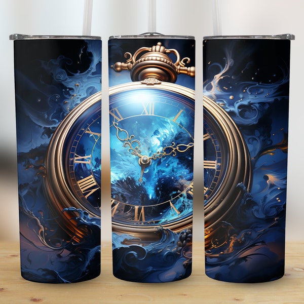 20 oz Skinny Tumbler Sublimation Design, Whimsical Clock Wrap, Digital Water Swirl Timepiece, Taperedand Straight, Instant Download PNG