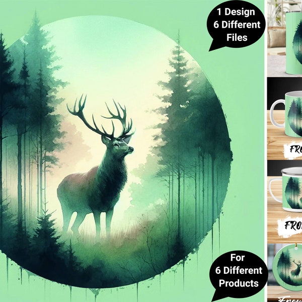 Forest Deer Printable Art, Misty Woods Wildlife Digital Download, Nature Wall Decor, Circle Landscape Illustration, Home Decor