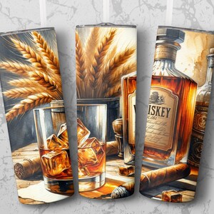 May include: A set of three stainless steel tumblers with a watercolor design featuring a bottle of whiskey, a glass of whiskey with ice, a cigar, and wheat stalks. The tumblers are perfect for enjoying your favorite beverage.