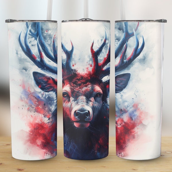 20 oz Skinny Tumbler Wrap Stag Design, Red and Blue Watercolor Deer Sublimation, Straight and Tapered, Instant Download PNG