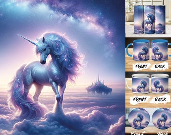 Majestic Unicorn Digital Art for Tumbler Mug, Fantasy Sky Castle, Sparkling Stars, Dreamy Aesthetic, 20oz, 15oz, 11oz