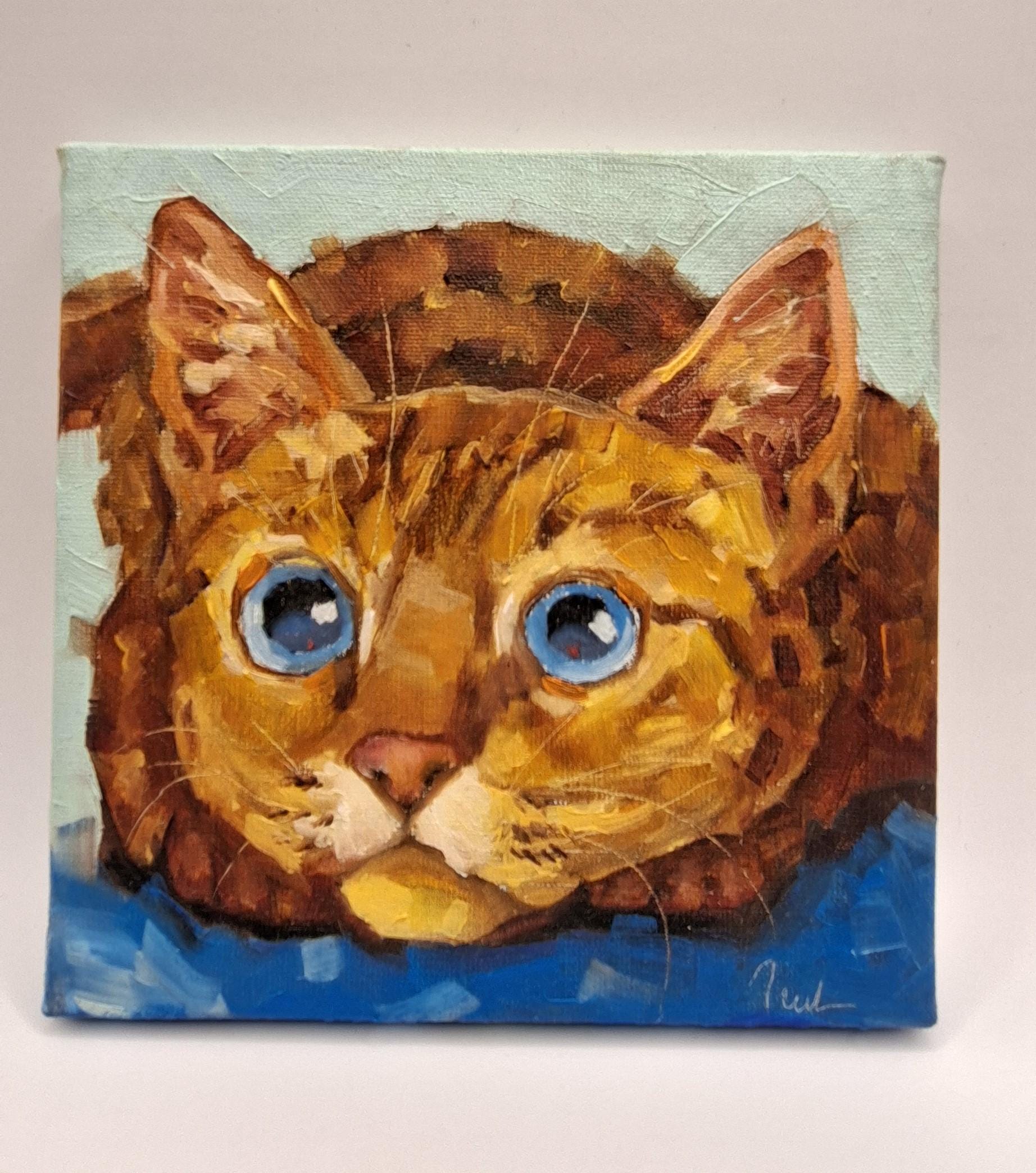 オレンジ色の猫の油絵（キャンバス）：オリジナルの猫のアートワーク