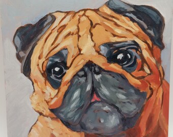 Pug Oil Painting: Original Dog Portrait on Paper, Framed or Unframed