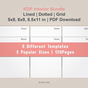 18 KDP Interior Bundle | Lined, Dotted, Grid | 120 Pages | 5x8, 6x9, 8.5x11 in | PDF Download
