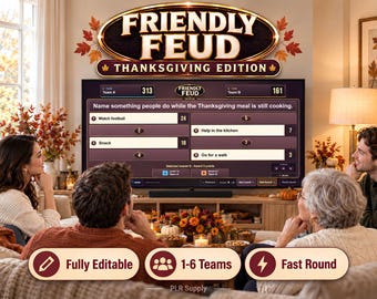 Thanksgiving Friendly Feud Family Game Night, Editable Game Show with Auto Score, Holiday Party Games for Adults & Families