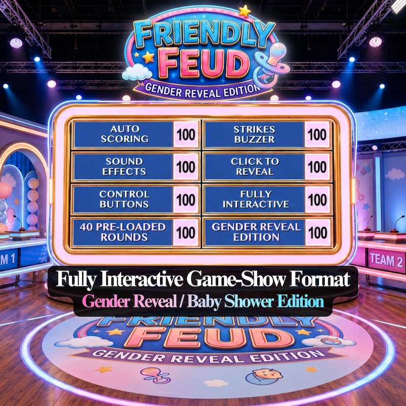 K&ouml;nnte beinhalten: Ein Spielshow-Set mit dem Text "FRIENDLY FEUD GENDER REVEAL EDITION". Das Spielbrett hat Kategorien wie "Auto Scoring" und "Click to Reveal". Der Text unten lautet "Fully Interactive Game-Show Format Gender Reveal/Baby Shower Edition".