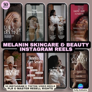 Peut inclure: Huit écrans de smartphone affichant du contenu sur les soins de la peau et la beauté. Les écrans présentent du texte tel que "Routine quotidienne de soins de la peau", "Routine de soins de la peau de base" et "Habitudes de soins de la peau". L'image comprend également le texte "Melanin Skincare & Beauty Instagram Reels."