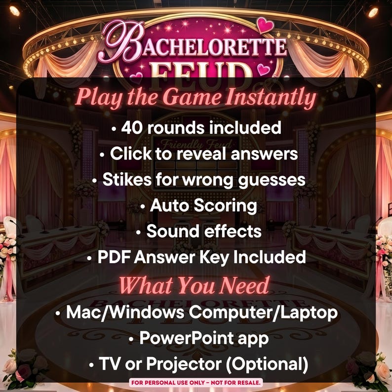 Op de afbeelding: Een digitaal spel genaamd Bachelorette Feud met 40 rondes, antwoorden die onthuld kunnen worden, strafpunten voor foute gokken, automatische puntentelling, geluidseffecten en een PDF-antwoordensleutel. Vereist een Mac of Windows computer met PowerPoint.