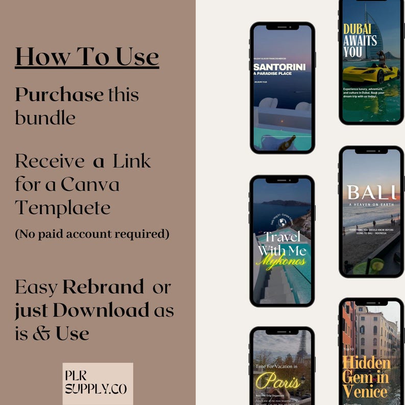 May include: A digital product bundle for creating social media graphics. The bundle includes five different templates for travel destinations, including Santorini, Mykonos, Dubai, Bali, and Venice. The text on the image reads "How To Use", "Purchase this bundle", "Receive a Link for a Canva Template (No paid account required)", "Easy Rebrand or just Download as is & Use", and "PLR SUPPLY.CO".