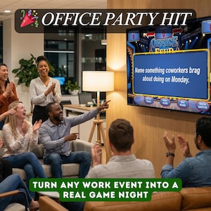 K&ouml;nnte beinhalten: Eine Gruppe von Leuten versammelt sich um einen Fernsehbildschirm und spielt ein Spiel namens "Office Feud". Der Bildschirm zeigt eine Frage: "Nennen Sie etwas, womit sich Kollegen am Montag br&uuml;sten." Der Text "OFFICE PARTY HIT" und "TURN ANY WORK EVENT INTO A REAL GAME NIGHT" sind ebenfalls sichtbar.
