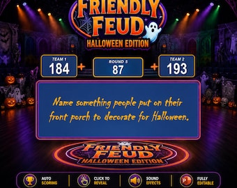 Halloween Friendly Feud Family Game Night, Editable Powerpoint Game Show with Auto Score, Halloween Party Games for Adults & Families