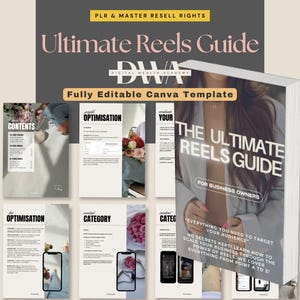 K&ouml;nnte beinhalten: Ein digitales Marketing-Handbuch mit dem Titel "Ultimate Reels Guide" mit dem Text "Fully Editable Canva Template". Das Cover zeigt eine Frau und den Text "For Business Owners". Zus&auml;tzliche Seiten zeigen Inhalte und Optimierungsinformationen.