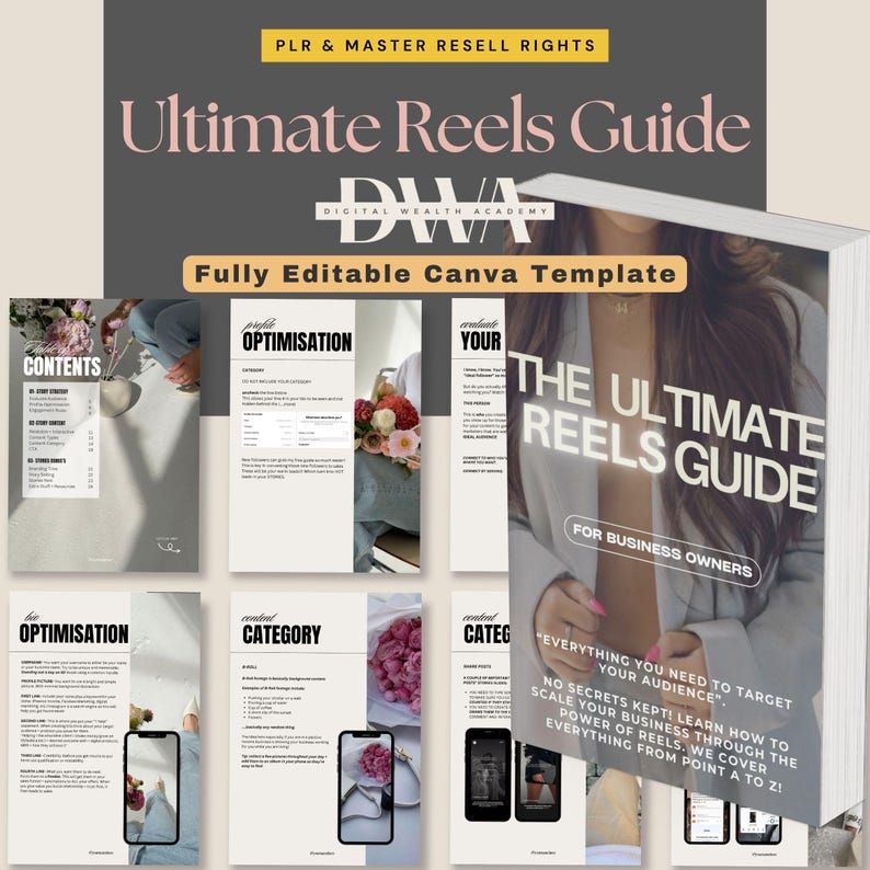K&ouml;nnte beinhalten: Ein digitales Marketing-Handbuch mit dem Titel "Ultimate Reels Guide" mit dem Text "Fully Editable Canva Template". Das Cover zeigt eine Frau und den Text "For Business Owners". Zus&auml;tzliche Seiten zeigen Inhalte und Optimierungsinformationen.