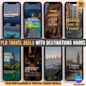 May include: A collage of six Instagram story templates for travel reels. Each template features a different destination, including Santorini, Mykonos, Rome, Venice, Dubai, Paris, Bali, and London. The templates are designed with a modern and minimalist aesthetic, featuring bold text and eye-catching imagery.