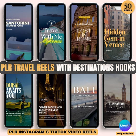 50 Travel Reels: Instagram & TikTok Video Templates Luxury Travel Videos with Destinations Names (PLR)