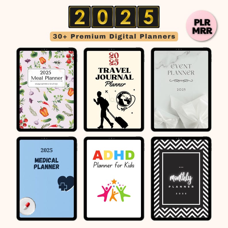 May include: A collection of six digital planner covers for 2025. The covers feature various designs, including a meal planner with colourful vegetables, a travel journal with a globe and a suitcase, an event planner with a marble background, a medical planner with a blue background and a heart, an ADHD planner for kids with colourful stick figures, and a monthly planner with a black and white chevron pattern.
