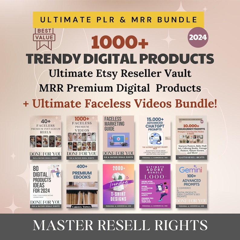 Pode incluir: Uma colagem de pacotes de produtos digitais para vendedores do Etsy, com mais de 1.000 produtos digitais modernos, incluindo v&iacute;deos de marketing sem rosto, ebooks premium e prompts avan&ccedil;ados do ChatGPT. Os pacotes oferecem direitos de revenda master, permitindo o uso comercial.