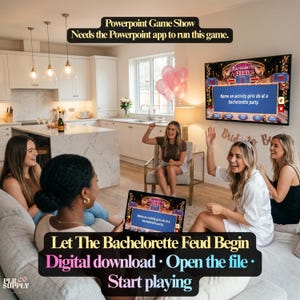 Op de afbeelding: Een digitale PowerPoint-spelshow genaamd Bachelorette Feud weergegeven op een televisiescherm en een laptop. De spelinterface bevat een vraag waarin wordt gevraagd om een activiteit voor een vrijgezellenfeest te noemen, met roze ballonnen.