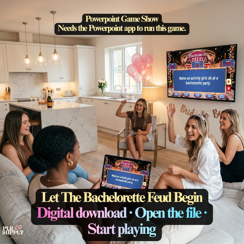 Op de afbeelding: Een digitale PowerPoint-spelshow genaamd Bachelorette Feud weergegeven op een televisiescherm en een laptop. De spelinterface bevat een vraag waarin wordt gevraagd om een activiteit voor een vrijgezellenfeest te noemen, met roze ballonnen.