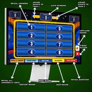 May include: A digital game show interface with a blue and yellow design. The screen displays numbered answer boxes, scoring, and interactive buttons for gameplay. Features include "Reveal Answers," "Restart Round," and "Skip Question."