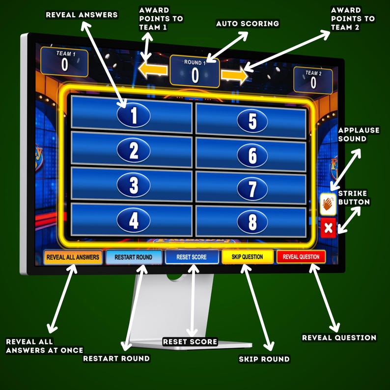 May include: A digital game show interface with a blue and yellow design. The screen displays numbered answer boxes, scoring, and interactive buttons for gameplay. Features include "Reveal Answers," "Restart Round," and "Skip Question."