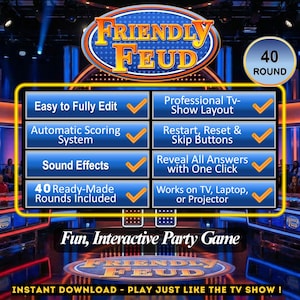 Puede incluir: Un juego digital llamado "Friendly Feud" con un logotipo azul y amarillo. Las características incluyen edición fácil, puntuación automática, efectos de sonido y 40 rondas prefabricadas. El juego funciona en TV, portátil o proyector.