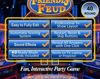 Juego familiar Friendly Feud, presentación de PowerPoint editable con puntuación automática, juegos de fiesta para adultos y familias.