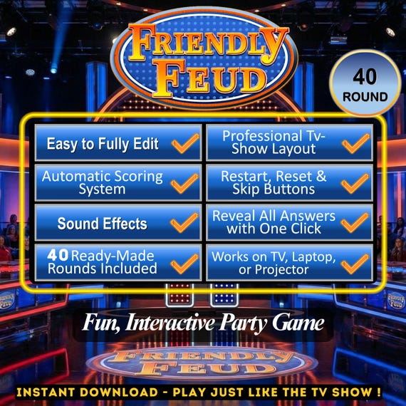 Friendly Feud Family Game Night, Editable Powerpoint Game Show with Auto Score, Party Games for Adults & Families