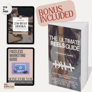 May include: A digital marketing product bundle featuring two guides: "250 Best Hooks for Instagram & TikTok" and "The Ultimate Reels Guide for Business Owners". The guides are displayed on a tablet and a book, respectively. The bundle includes done-for-you content and master resale rights.