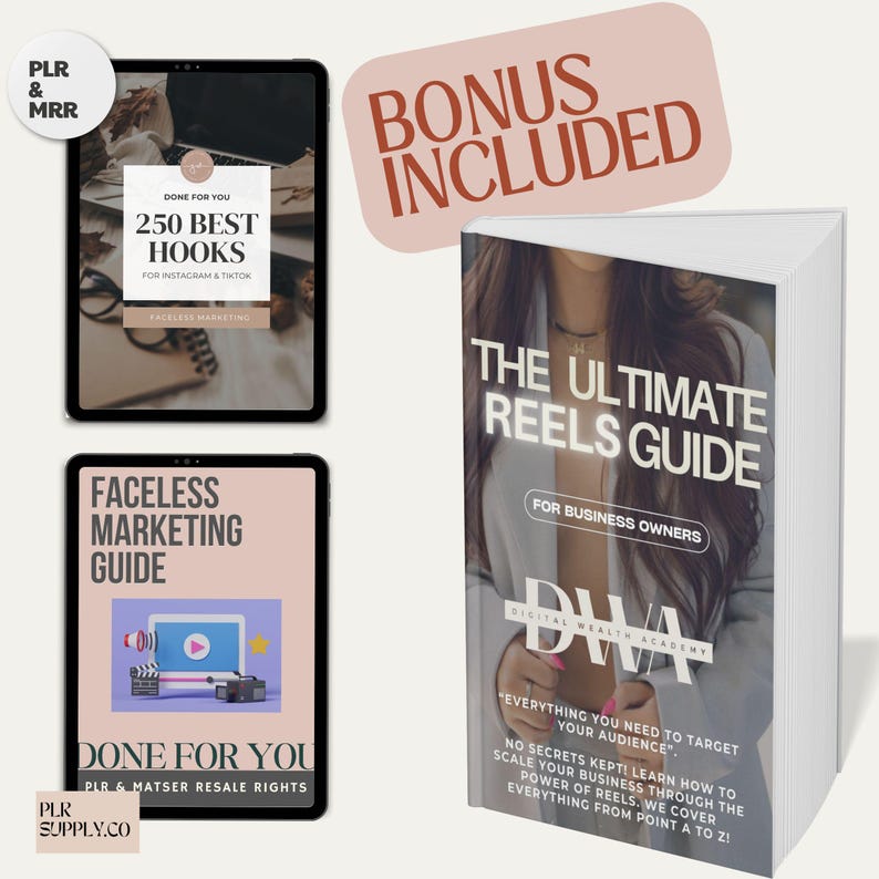 May include: A digital marketing product bundle featuring two guides: "250 Best Hooks for Instagram & TikTok" and "The Ultimate Reels Guide for Business Owners". The guides are displayed on a tablet and a book, respectively. The bundle includes done-for-you content and master resale rights.