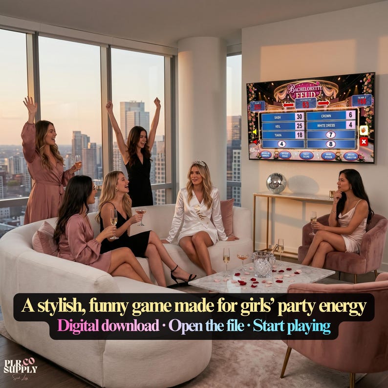 Op de afbeelding: Een digitaal Bachelorette Feud-spel weergegeven op een aan de muur gemonteerd televisiescherm, met een spelbord met punten en categorie&euml;n. De tekst op het scherm luidt Bachelorette Feud, en de afbeelding bevat de tekst A stylish, funny game made for girls' party energy. Digital download. Open the file. Start playing.