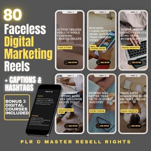 Pode incluir: Um anúncio para 80 Faceless Digital Marketing Reels, Legendas e Hashtags. A imagem apresenta um smartphone exibindo dicas de marketing e um bônus de 3 cursos digitais. O texto inclui frases como "Tomar medidas" e "Crescimento de e-mail".