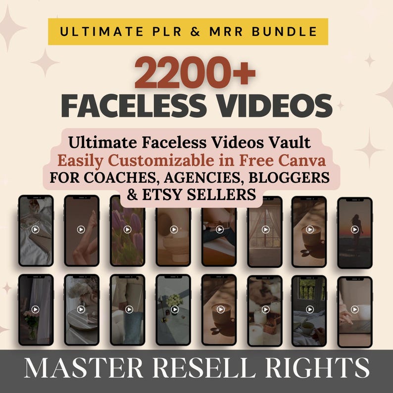 K&ouml;nnte beinhalten: Werbebild f&uuml;r ein Faceless-Video-Bundle. Der Text enth&auml;lt "Ultimate PLR & MRR Bundle", "2200+ Faceless Videos" und "Master Resell Rights". Das Bild zeigt Smartphones mit verschiedenen Videos.
