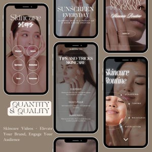 May include: Four phone screens with text and images about skincare routines. The first screen says "Skincare Steps" and shows a woman's face with circles around the areas where you would apply cleanser, serum, eye cream, moisturiser, toner, and sunscreen. The second screen says "Sunscreen Everyday" and shows a woman's face with the text "Glowing skin is a result of a good facial routine." The third screen says "Tips and Tricks Skincare" and shows a woman's face with text about cleanser, moisturiser, and sunscreen. The fourth screen says "Skincare Routine" and shows a woman's face with circles around the areas where you would apply cleansing, toning, moisturising, and exfoliating products.