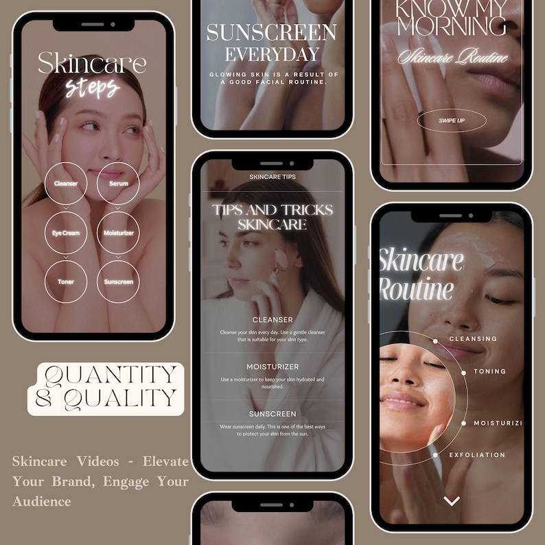 May include: Four phone screens with text and images about skincare routines. The first screen says "Skincare Steps" and shows a woman's face with circles around the areas where you would apply cleanser, serum, eye cream, moisturiser, toner, and sunscreen. The second screen says "Sunscreen Everyday" and shows a woman's face with the text "Glowing skin is a result of a good facial routine." The third screen says "Tips and Tricks Skincare" and shows a woman's face with text about cleanser, moisturiser, and sunscreen. The fourth screen says "Skincare Routine" and shows a woman's face with circles around the areas where you would apply cleansing, toning, moisturising, and exfoliating products.