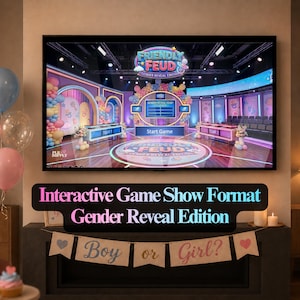 K&ouml;nnte beinhalten: Ein Fernsehbildschirm zeigt ein Spielshow-Set f&uuml;r eine Gender-Reveal-Party mit den Worten "Friendly Feud Gender Reveal Edition". Unter dem Bildschirm befindet sich ein Banner mit der Aufschrift "Interactive Game Show Format Gender Reveal Edition". Ein Banner darunter lautet "Boy or Girl?"