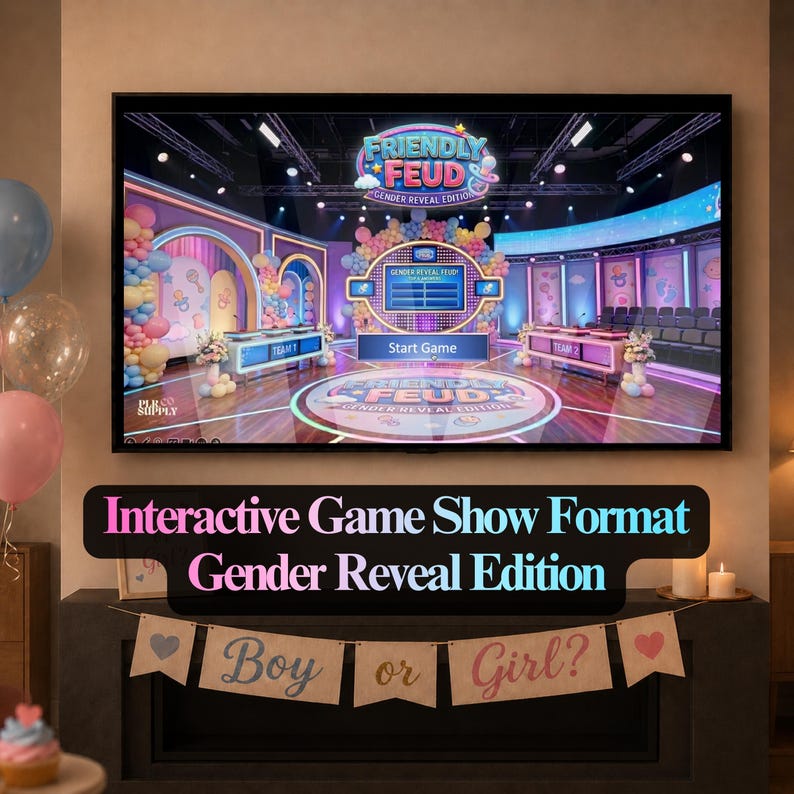 K&ouml;nnte beinhalten: Ein Fernsehbildschirm zeigt ein Spielshow-Set f&uuml;r eine Gender-Reveal-Party mit den Worten "Friendly Feud Gender Reveal Edition". Unter dem Bildschirm befindet sich ein Banner mit der Aufschrift "Interactive Game Show Format Gender Reveal Edition". Ein Banner darunter lautet "Boy or Girl?"