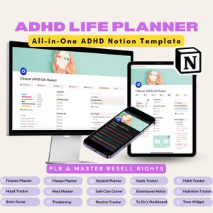 Op de afbeelding: Een advertentie voor een ADHD Life Planner, weergegeven op een computermonitor, tablet en smartphone. De tekst luidt "ADHD Life Planner" en "All-in-One ADHD Notion Template". De afbeelding bevat ook een lijst met functies zoals "Finance Planner" en "Habit Tracker".