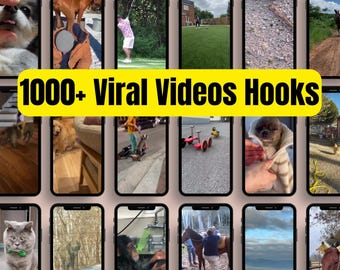 Puede incluir: Un collage de 12 clips de vídeo cortos diferentes, cada uno mostrando una escena diferente. La fila superior muestra un perro, una persona jugando al golf, una persona caminando en un patio y una tortuga en el suelo. La segunda fila muestra un perro, una persona conduciendo un scooter, un coche de juguete, un perro con una chaqueta y un perro con una correa. La tercera fila muestra un gato, un animal grande en el bosque, un mono lavándose las manos, una persona montando a caballo, un camino de tierra y un caballo en un campo. El texto "1000+ Viral Videos Hooks" está en letras amarillas sobre un fondo negro en la parte superior del collage. El texto "MRR Viral Short Clips" está en letras blancas sobre un fondo negro en la parte inferior del collage.