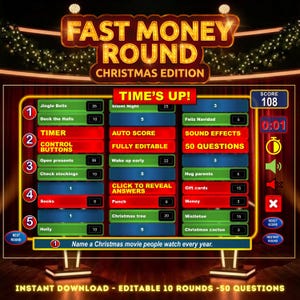 May include: A digital game board with the title "Fast Money Round Christmas Edition." The game features a timer, score display, and various Christmas-themed categories and point values. The game is an instant download.