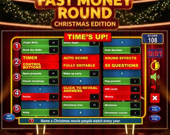 Weihnachtsfreundliche Feud-Schnellgeldrunde, bearbeitbare Powerpoint-Spielshow mit Auto Score, familienfreundliche Gesellschaftsspiele, Weihnachtsausgabe