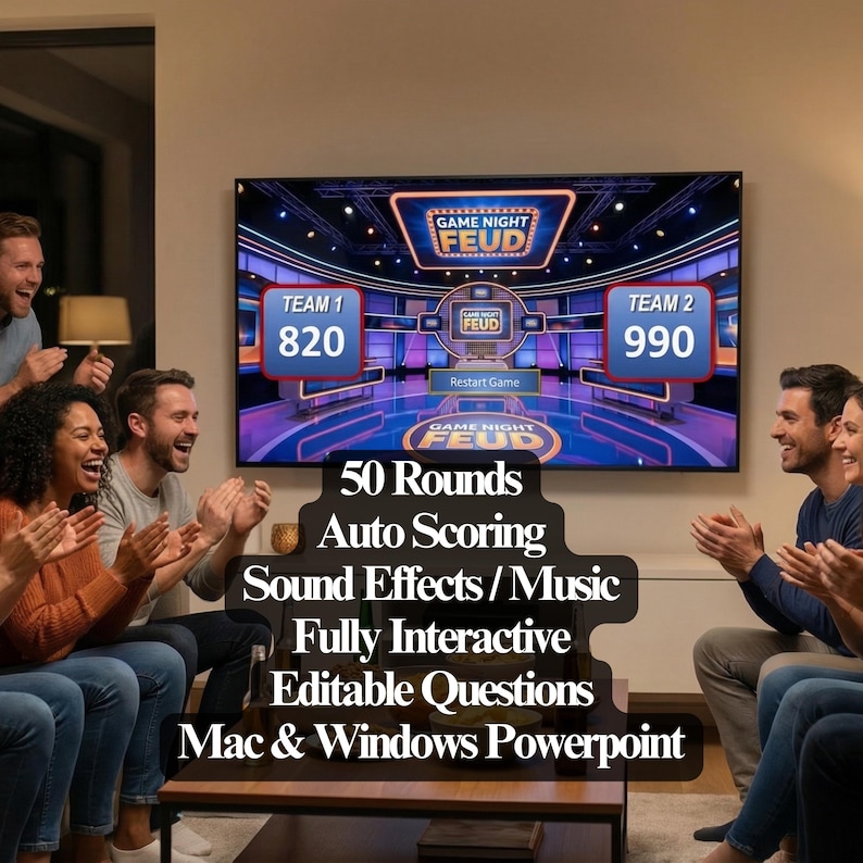 May include: A group of people are gathered around a television screen displaying a game show interface. The screen shows the words "Game Night Feud" and scoreboards for two teams. Text on the screen indicates the game has 50 rounds, auto-scoring, sound effects, and editable questions.