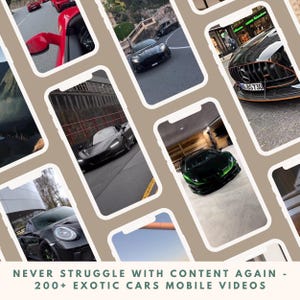 May include: A collage of images showcasing various luxury cars, including a black McLaren, a green Lamborghini, and a black Aston Martin. The images are displayed on smartphone screens, suggesting a collection of mobile videos featuring exotic cars.