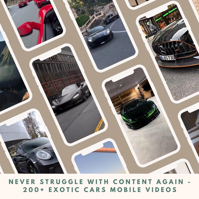 May include: A collage of images showcasing various luxury cars, including a black McLaren, a green Lamborghini, and a black Aston Martin. The images are displayed on smartphone screens, suggesting a collection of mobile videos featuring exotic cars.