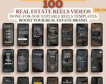 May include: A promotional image featuring a collection of smartphones displaying real estate-themed Instagram Reels templates. The text includes "Master Resell Rights," "Real Estate Reels Videos," and calls to action like "Just Listed" and "For Sale."
