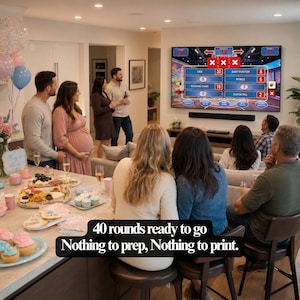 K&ouml;nnte beinhalten: Eine Babyparty mit einem gro&szlig;en Bildschirm, der ein Spiel zeigt. Der Bildschirm zeigt ein Spielbrett mit Kategorien wie "Crib" und "Baby Monitor". Der Text auf dem Bildschirm lautet "40 rounds ready to go, Nothing to prep, Nothing to print."