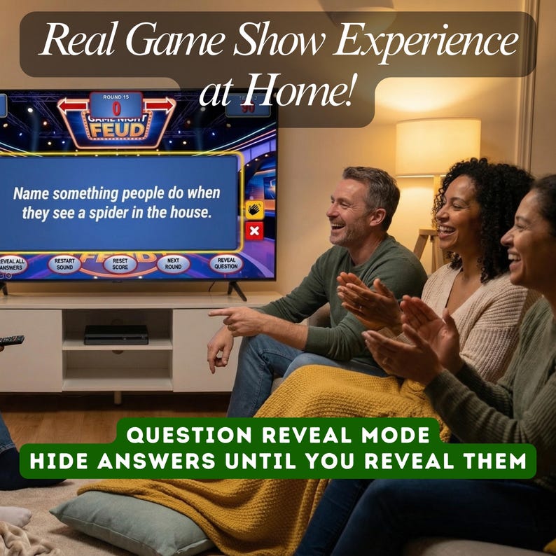 May include: A group of three people are laughing while watching a game show on a large television. The TV screen displays a question from the game show "Family Feud". Text on the screen reads "Real Game Show Experience at Home!" and "Question Reveal Mode".