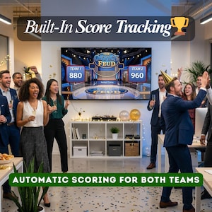 K&ouml;nnte beinhalten: Eine Gruppe von Menschen feiert vor einem gro&szlig;en Bildschirm, auf dem das Spiel "The Office Feud" zu sehen ist. Der Bildschirm zeigt die Ergebnisse f&uuml;r zwei Teams mit dem Text "Built-In Score Tracking" und "Automatic Scoring for Both Teams".
